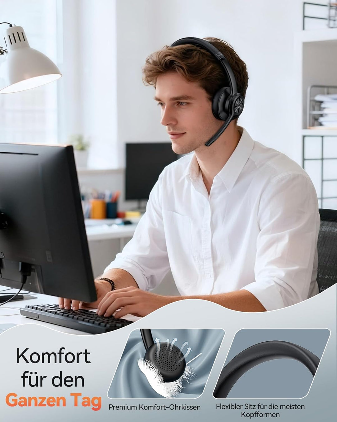 TechRise V5.2 Bluetooth Headset mit Mikrofon, Wireless Headset mit Noise Cancelling und Stummschaltu