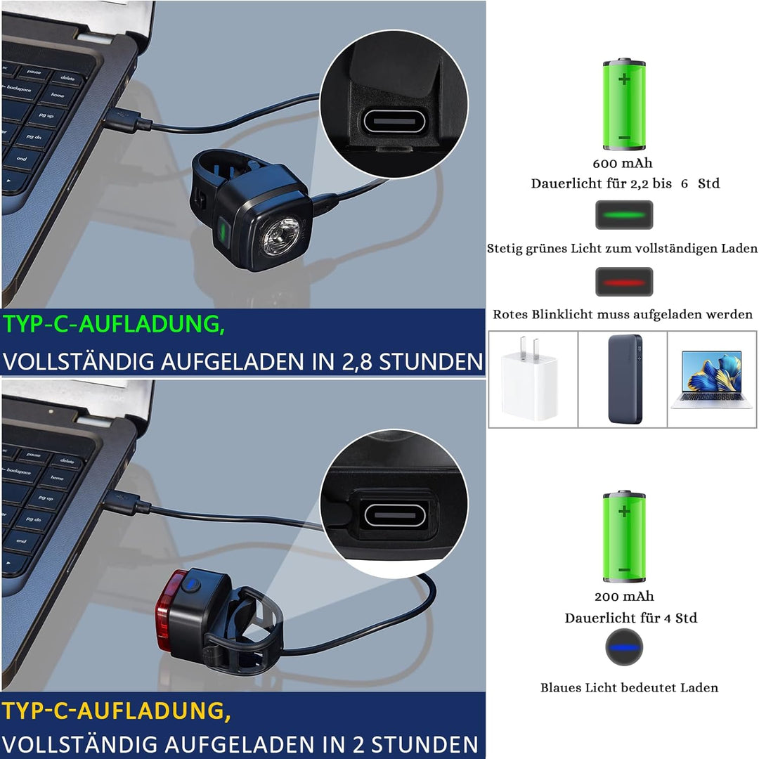 LED Fahrradlichter Set I StVZO zugelassen 600mAh Type-C Aufladbares Fahrrad licht I vorne + hinten R