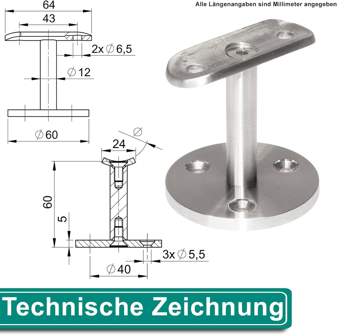 PRIOstahl Handlaufhalter Handlaufträger Wandhalter Handlaufstütze - 4 x Handlauf 42,4 mm für Rundroh