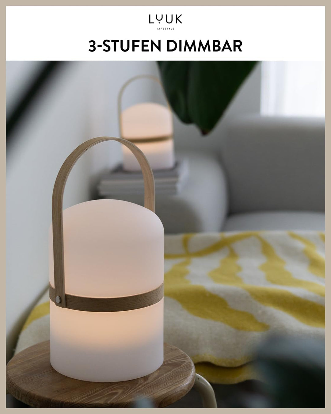 LUUK LIFESTYLE XXL Design Laterne mit Henkel aus Holz, 72h lange Leuchtdauer, per USB aufladbar und