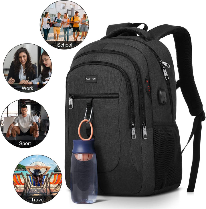 YAMTION Schwarz Rucksack Herren und Damen,Unisex Schulrucksack Teenager für Jungen Mädchen Laptop Ru