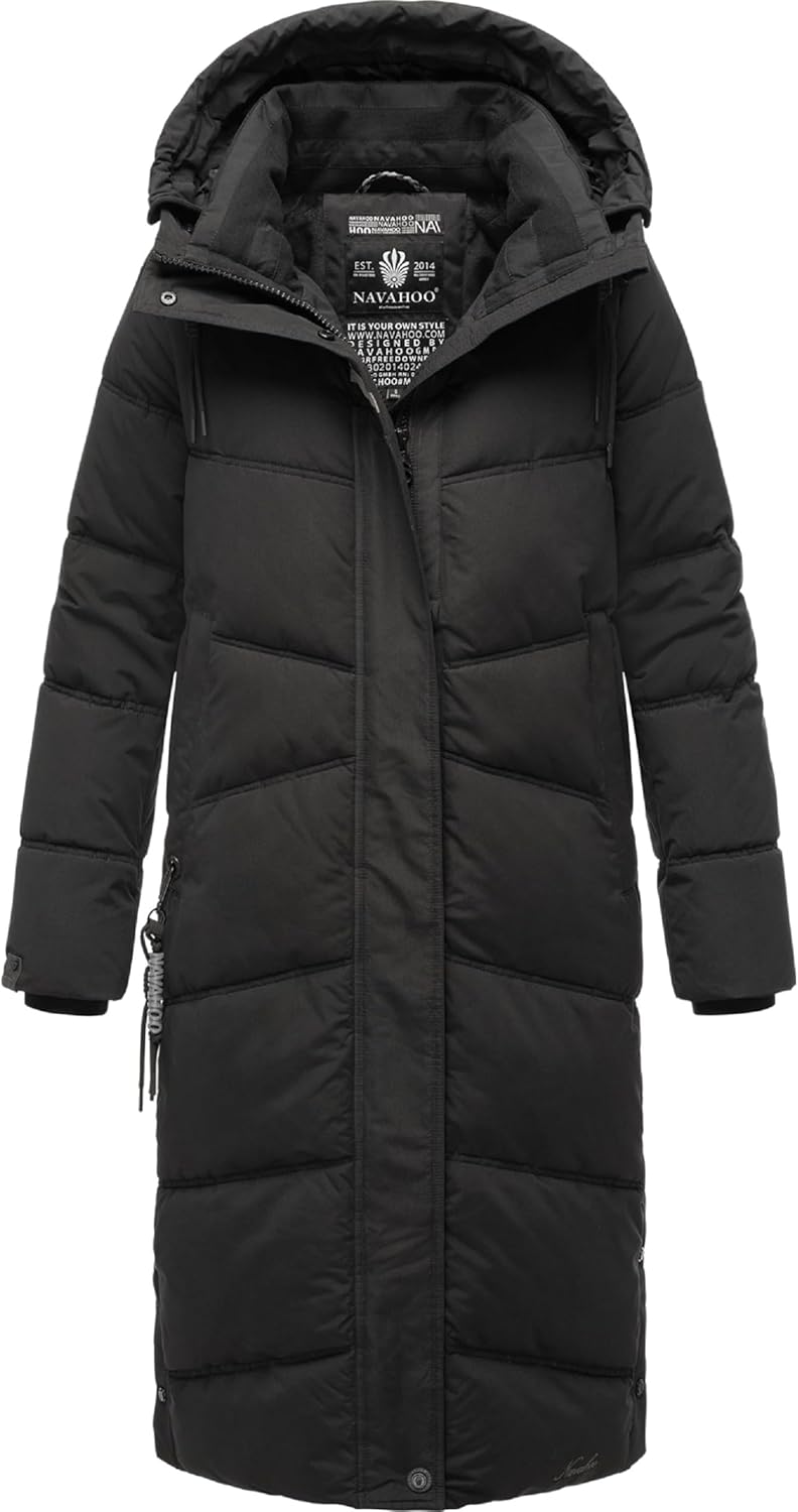 Navahoo Damen Wintermantel Warmer Steppmantel lang mit Kapuze Kuschelmausi S-XXL L Schwarz, L Schwar