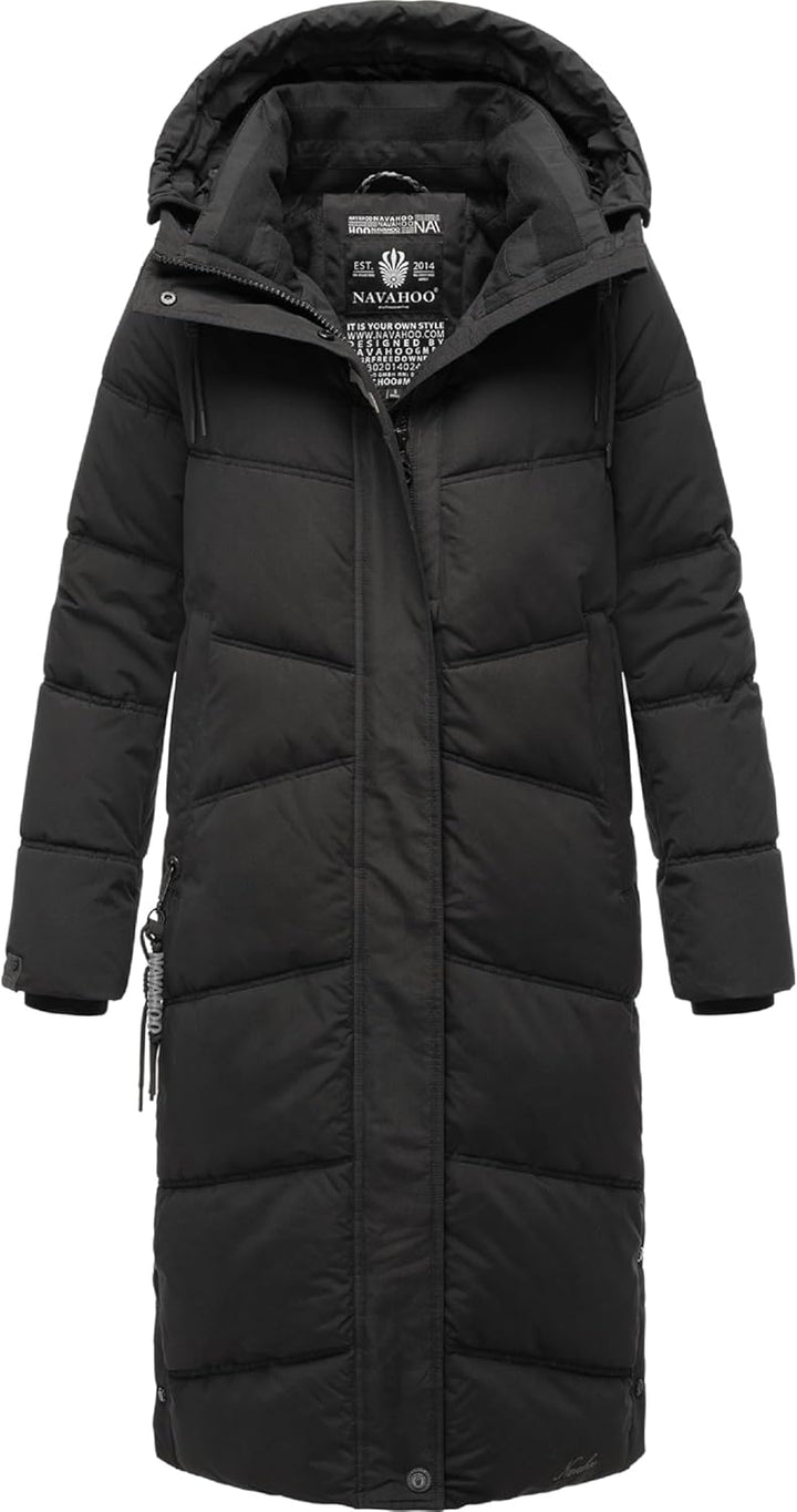 Navahoo Damen Wintermantel Warmer Steppmantel lang mit Kapuze Kuschelmausi S-XXL L Schwarz, L Schwar