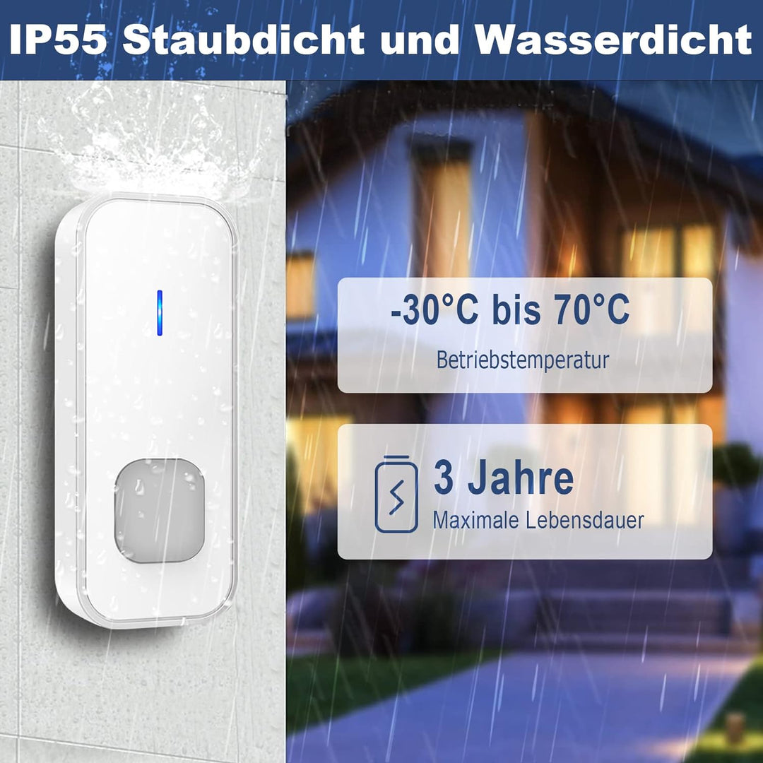 Funkklingel kabellose, IP55 Wasserdicht Türklingel Set, LED-Nummernanzeige, 5 Lautstärke Stufen, 55