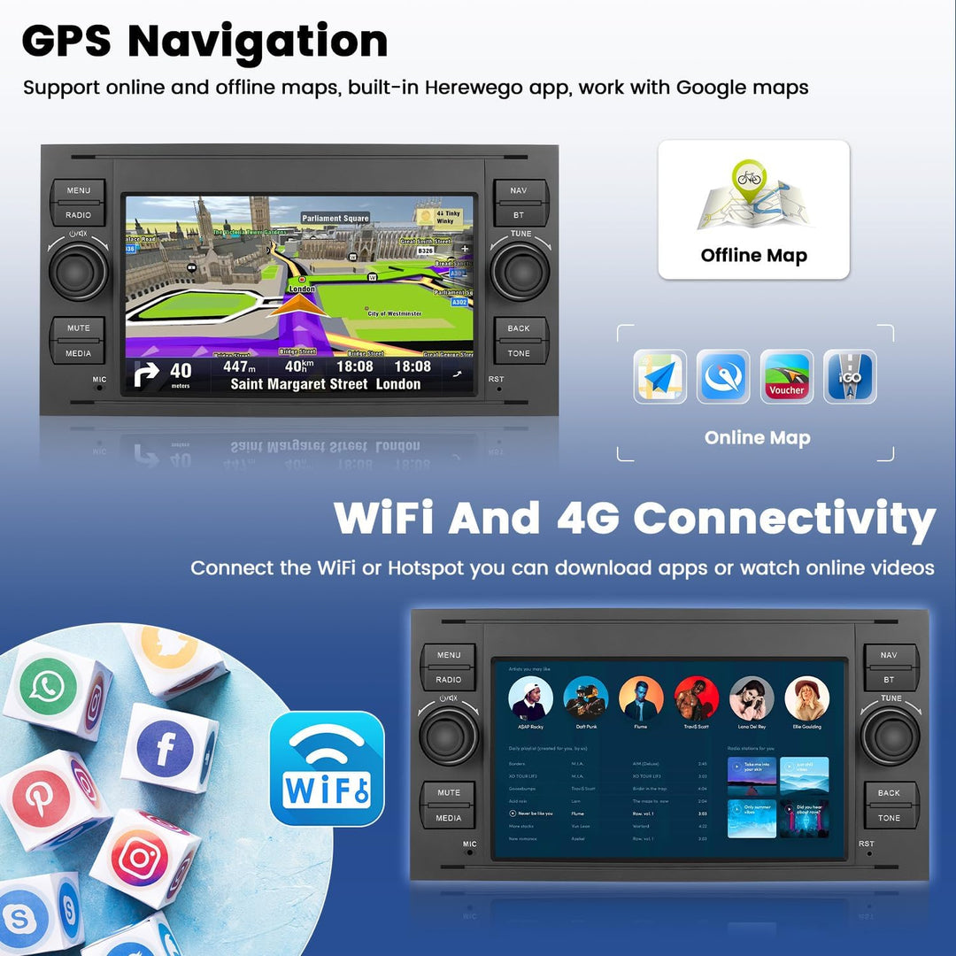 Hikity 2+64G Android Autoradio für Ford Fiesta Focus Kuga Transit Connect Mondeo Smax Wireless Carpl