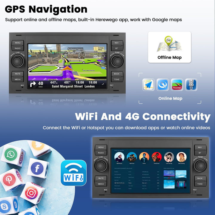 Hikity 2+64G Android Autoradio für Ford Fiesta Focus Kuga Transit Connect Mondeo Smax Wireless Carpl