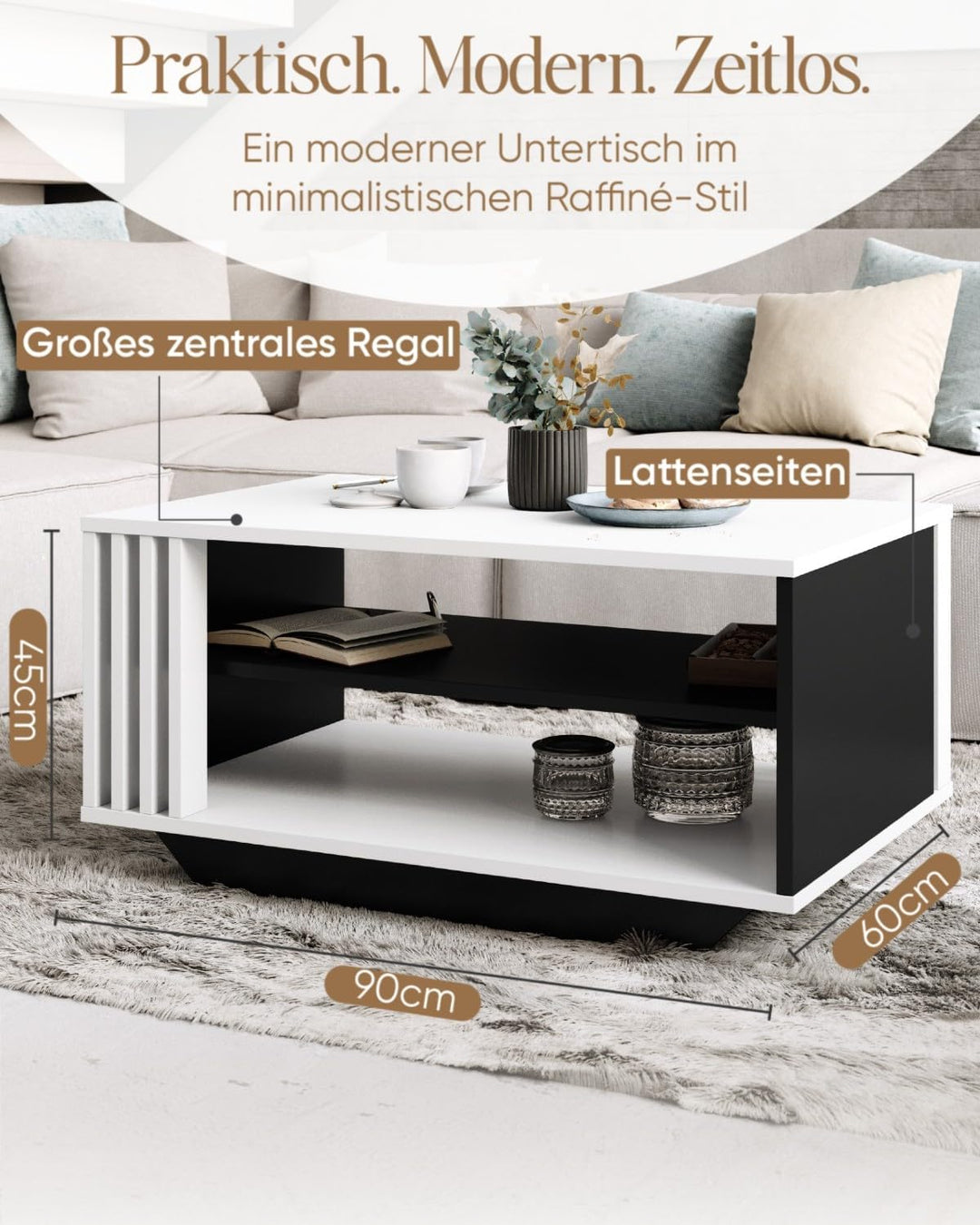 Viosimc Couchtisch, Wohnzimmertisch mit modernen Lamellen, moderner und stilvoller rechteckiger Kaff