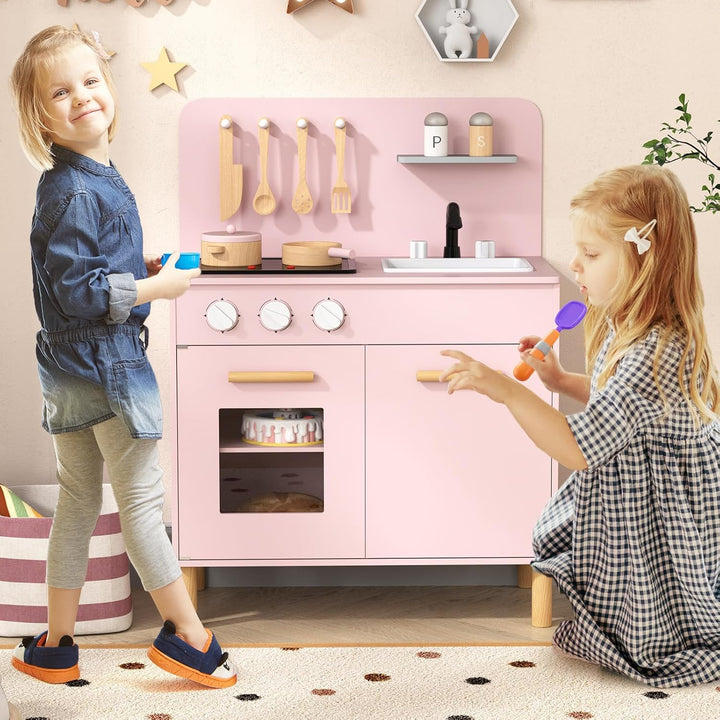 COSTWAY Kinderküche mit 10 Zubehör, Spielküche Holz mit Licht und Sound, Spielzeugküche mit Herd & S