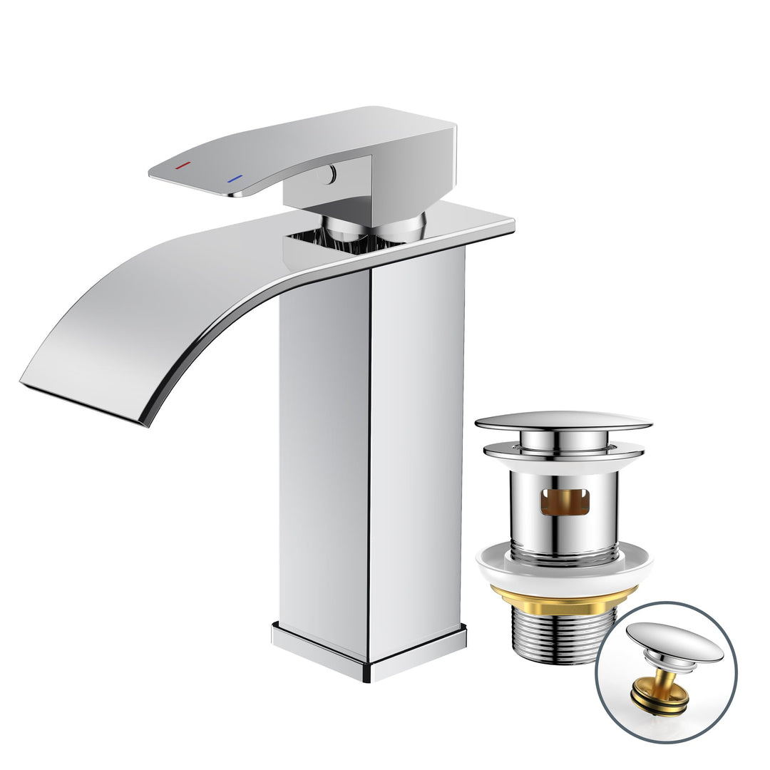 FORIOUS Wasserhahn Bad mit Ablaufgarnitur,Wasserfall Waschtischarmatur Einhandmischer Armatur Waschb