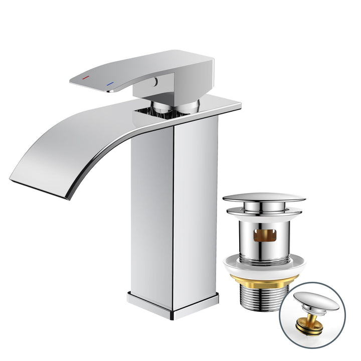 FORIOUS Wasserhahn Bad mit Ablaufgarnitur,Wasserfall Waschtischarmatur Einhandmischer Armatur Waschb
