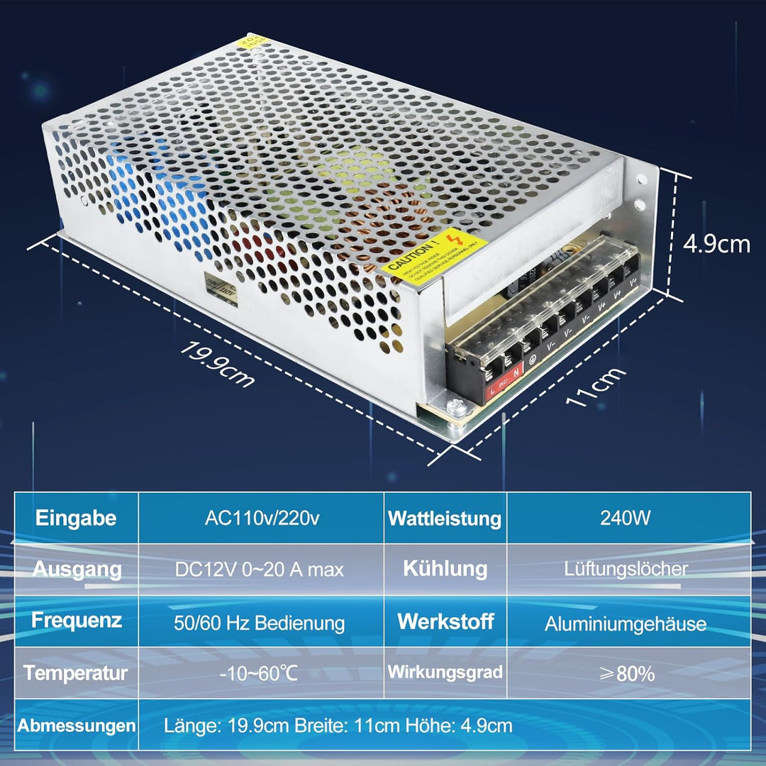 LightingWill Schaltnetzteil 12V 20A 240W Netzteil, LED Trafo Schaltwandler AC 230V auf DC 12 Volt, A