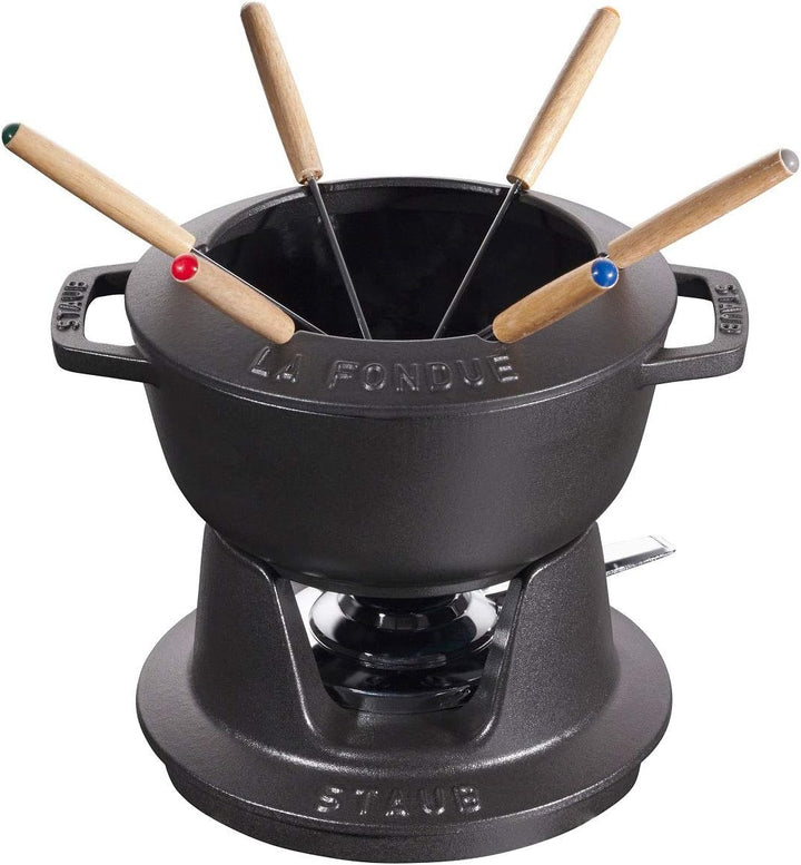STAUB Fondue Set mit 6 Gabeln, Geeignet für Käse- Schoko- und Fleisch-Fondue, Gusseisen, 18 cm, Schw