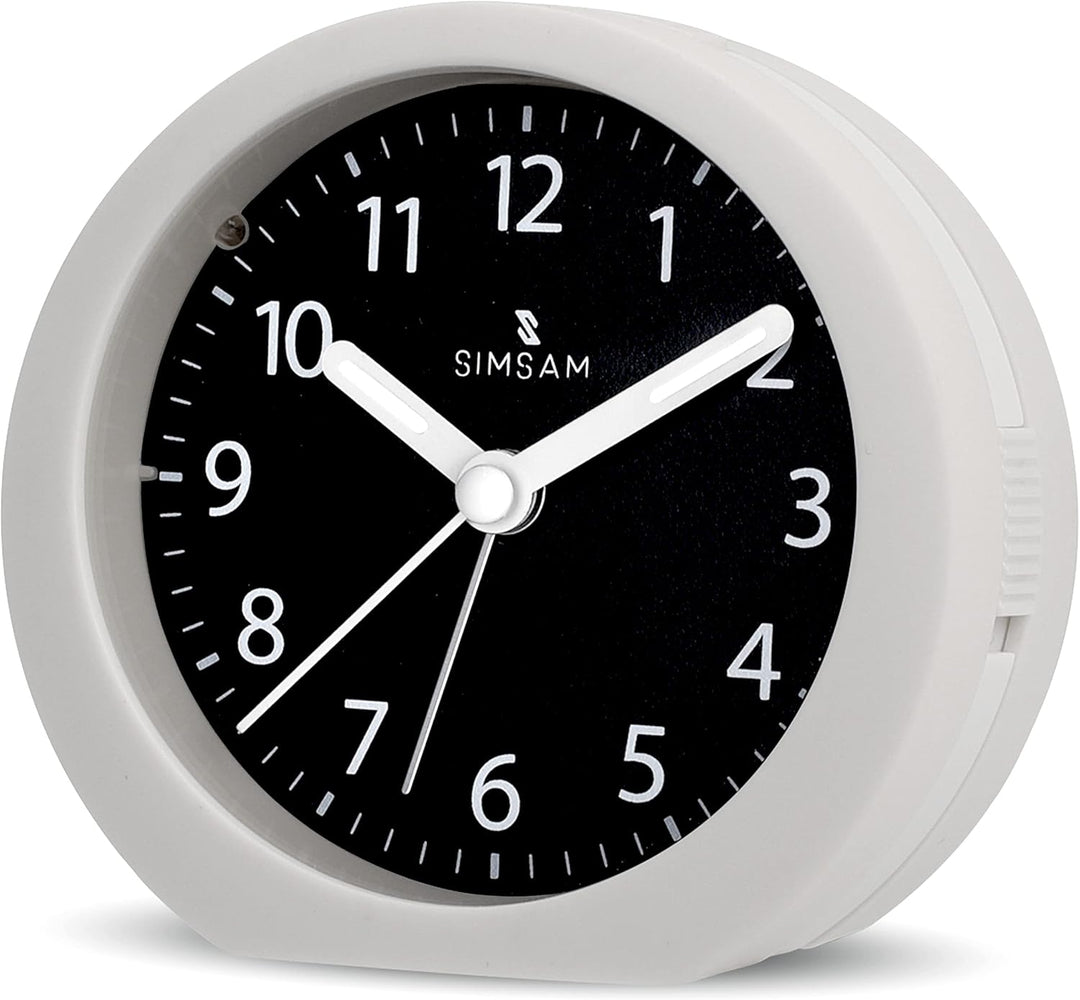 SIMSAM Wecker Analog ohne Ticken mit Batterie, Licht (Weiss-Schwarz), Weiss-schwarz