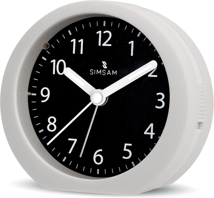 SIMSAM Wecker Analog ohne Ticken mit Batterie, Licht (Weiss-Schwarz), Weiss-schwarz