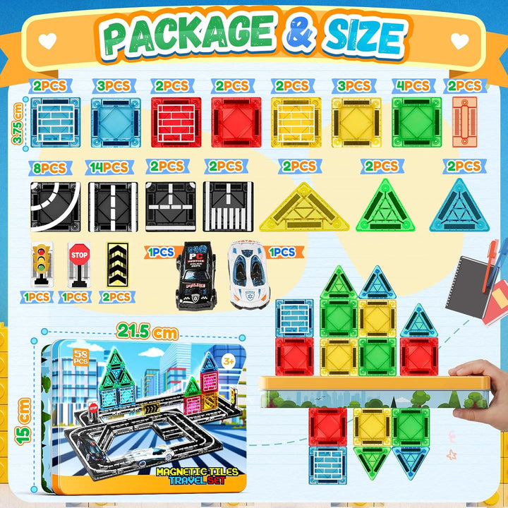 iKidiki 58 Stück Mini Magnetische Bausteine Reiseset, Spielzeug ab 2 3 4 5 6 Jahre Junge Mädchen Rei