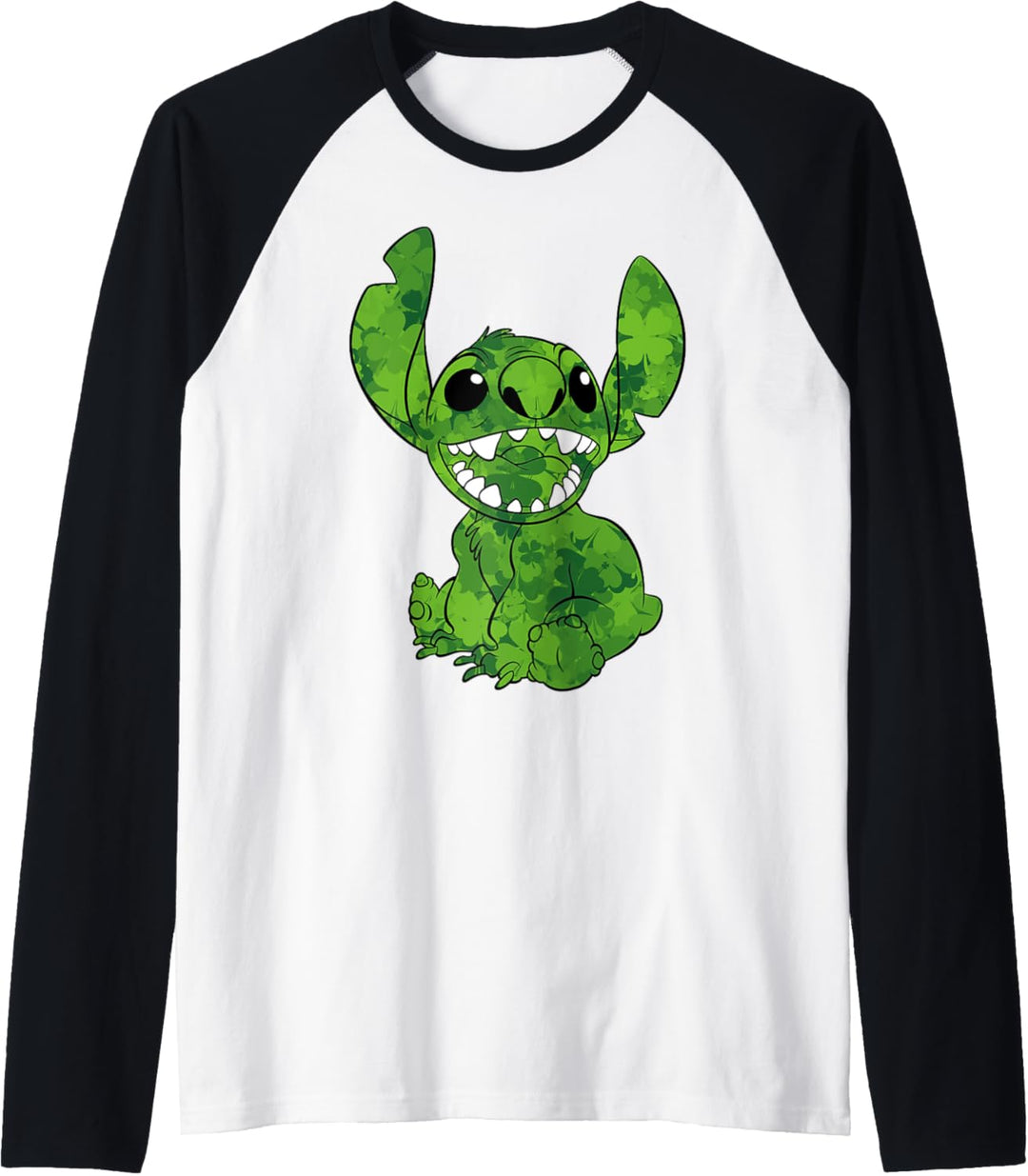 Disney Lilo & Stitch St. Patrick's Tag Stitch Clover Fill Raglan