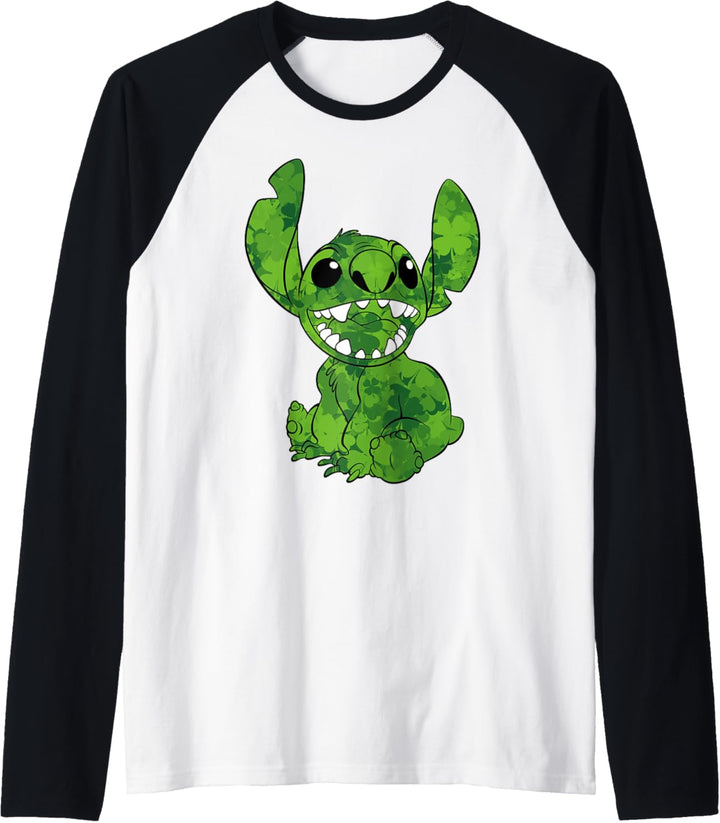Disney Lilo & Stitch St. Patrick's Tag Stitch Clover Fill Raglan