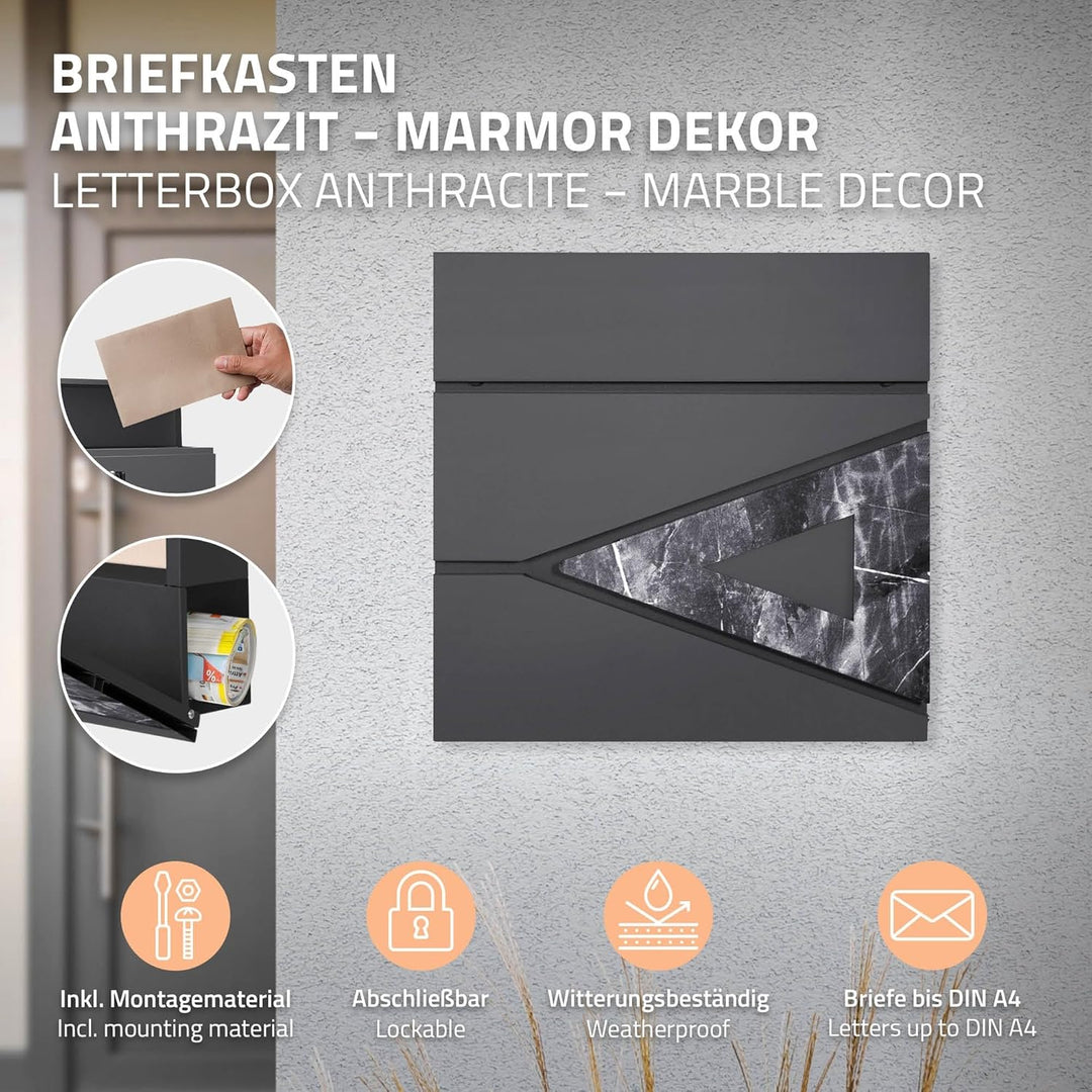 ML-Design Briefkasten 37x36,5x11 cm Anthrazit/Schwarz-Marmoroptik, Stahl, Postkasten mit Zeitungsfac