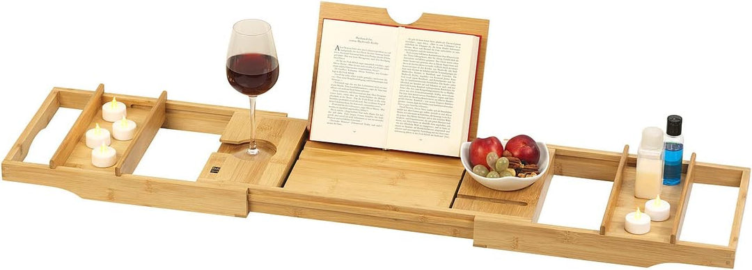 BadeStern Badewannenablage: Verstellbare Badewannen-Ablage & Bett-Tablett, Bambusholz, 75-109 cm (Ba
