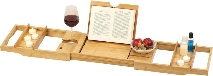 BadeStern Badewannenablage: Verstellbare Badewannen-Ablage & Bett-Tablett, Bambusholz, 75-109 cm (Ba