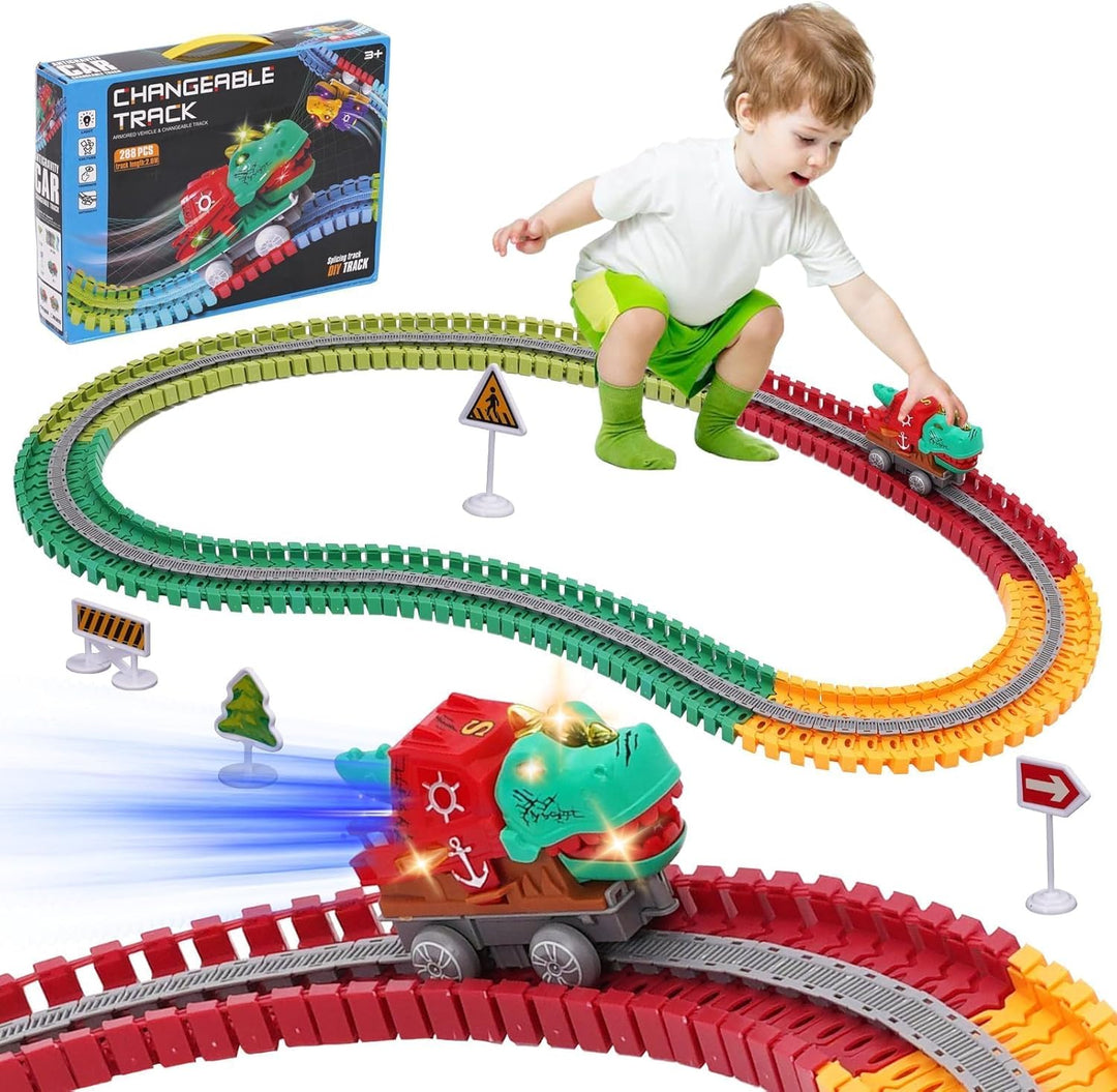 Autorennbahn 288 Stück, Flexible Rennbahn mit Dinosaurier-Auto, Anti-Gravitations Rennstrecke Spielz