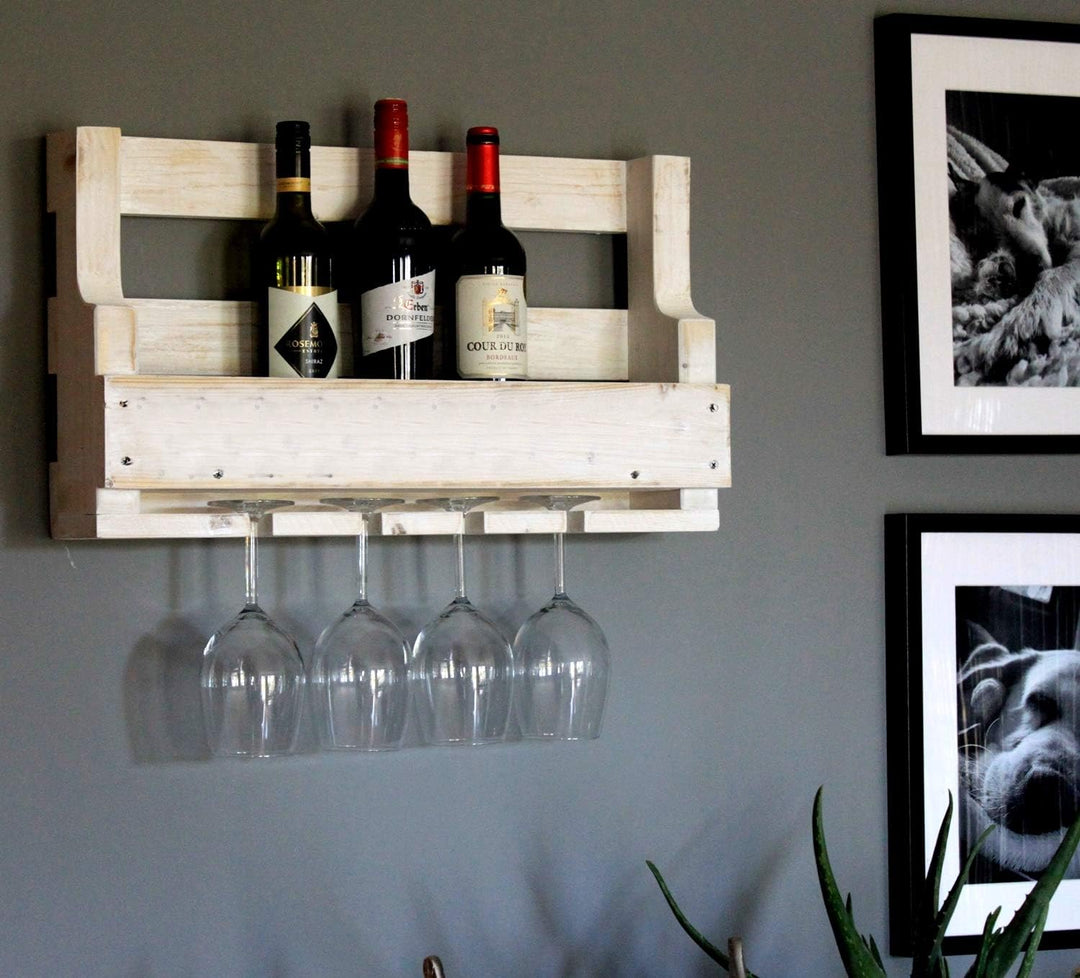 Dekorie Hochwertiges Weinregal aus Holz für die Wand - mit Gläserhalter - Weiss - fertig montiert -