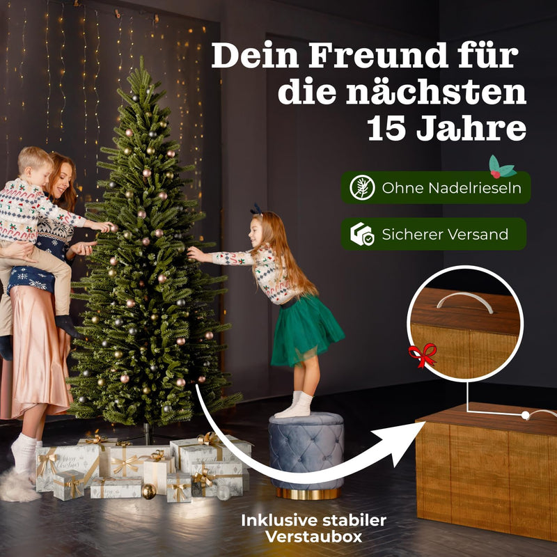 BoomDing Schmaler Weihnachtsbaum mit Beleuchtung | 210 cm hoch und 380 LED | Naturgetreuer künstlich