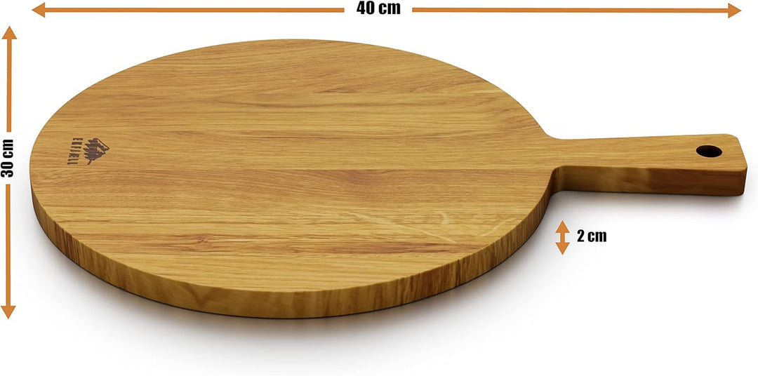 Premium Pizzabrett Eiche 40x30x2 cm - Ca. 30 cm Durchmesser Mit Griff, Antibakteriell & Sonnenblumen
