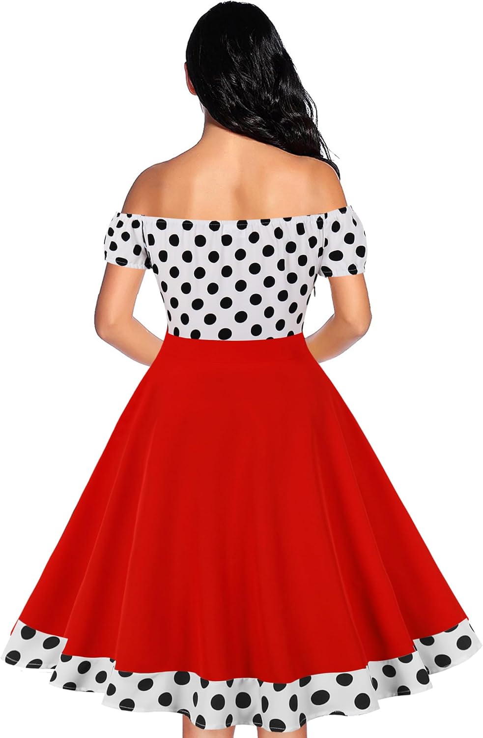AXOE Damen Schulterfrei Kleid 50er Jahre Kleid Cocktailkleid mit Polka Dots Knielang S Rot/Weiss, S