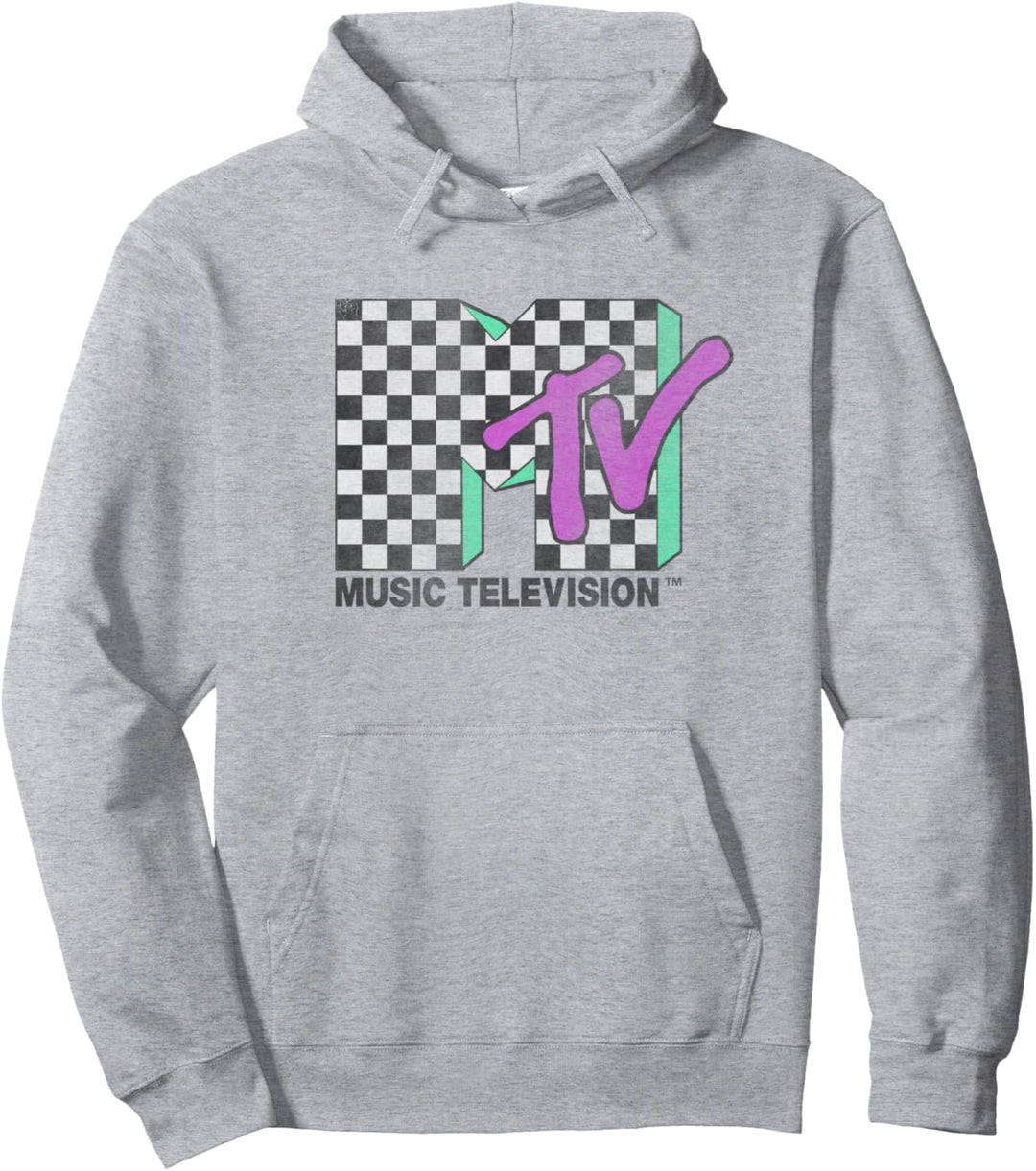 MTV Checkered Distressed Retro Logo Pullover Hoodie