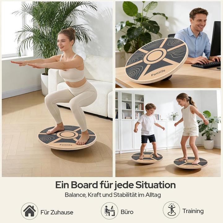 FunLife Balance Board aus Holz – Stabiler Gleichgewichtstrainer für Core Training, Fitness & Balance