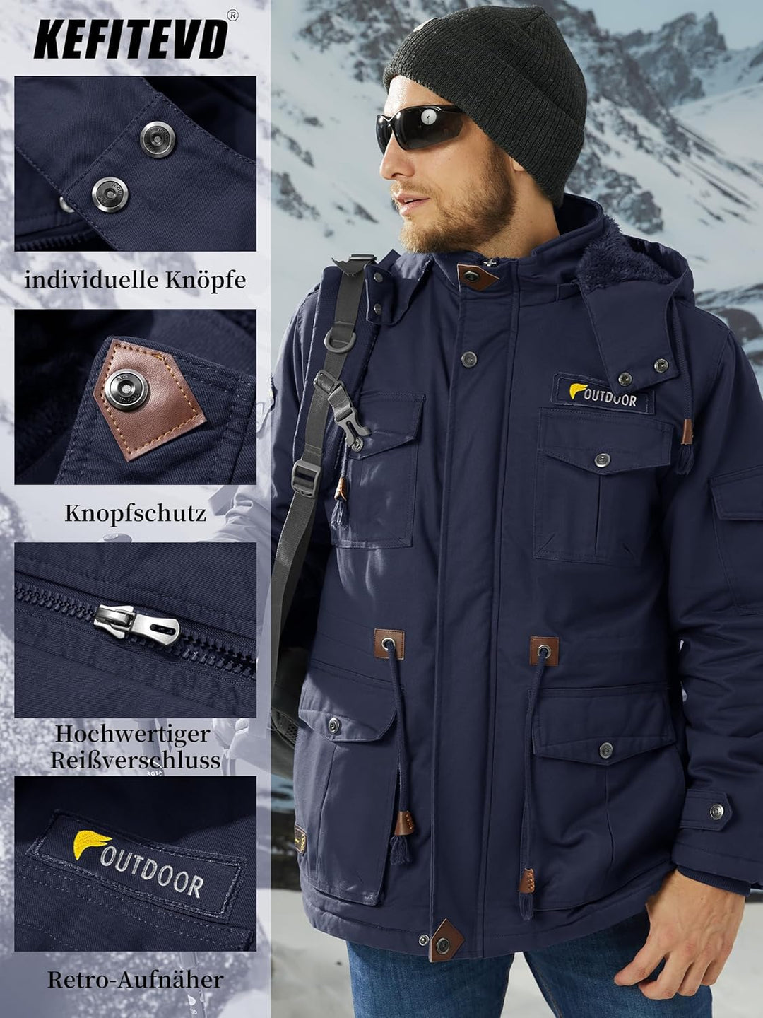 KEFITEVD Winterparka Herren Fleece Gefüttert Winterjacke mit Viele Taschen Kapuze Warm Winter Mantel