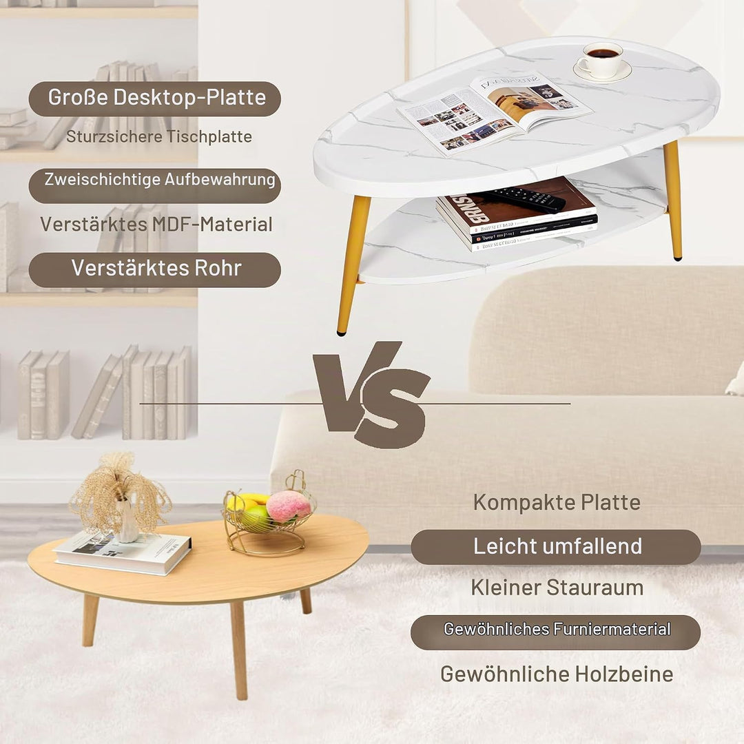 Couchtisch Oval Holz | Wohnzimmertisch Sofatisch mit Metallrahmen | Einfacher Aufbau, Industrie-Desi