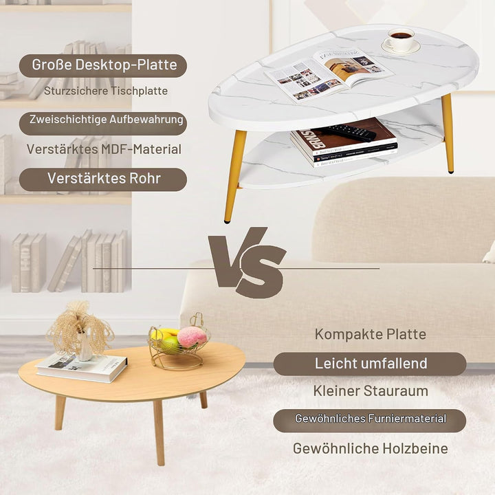 Couchtisch Oval Holz | Wohnzimmertisch Sofatisch mit Metallrahmen | Einfacher Aufbau, Industrie-Desi