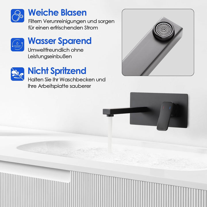 ROVOGO Schwarz Wandmontage Waschtischarmatur Unterputz mit Schutzkappe, 2-Loch Wasserhahn Bad aus Ed