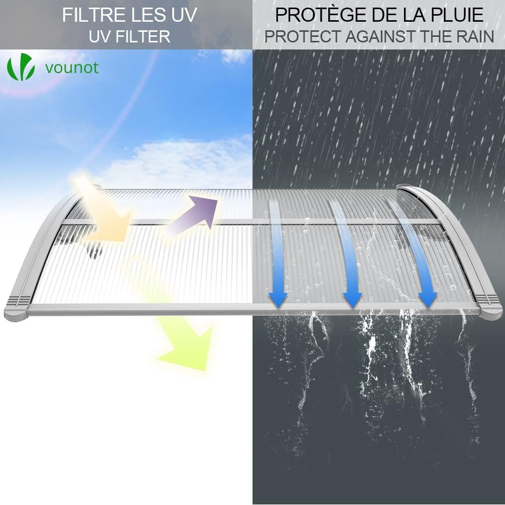 VOUNOT Vordach für Haustür 100 x 80 cm, Überdachung Haustür aus Aluminium und Polycarbonat, Transpar