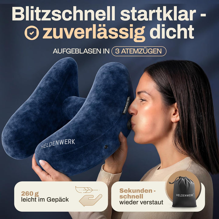 HELDENWERK® Air Nackenkissen Flugzeug Aufblasbar | Reisekissen für 5 Schlafpositionen, schnell aufbl