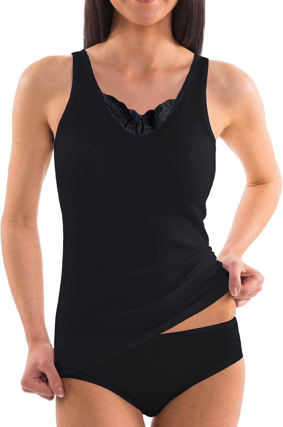 HERMKO 1440 3er Pack Damen Unterhemd mit Spitze aus 100% Bio-Baumwolle, Achselhemd Kochfest L Schwar