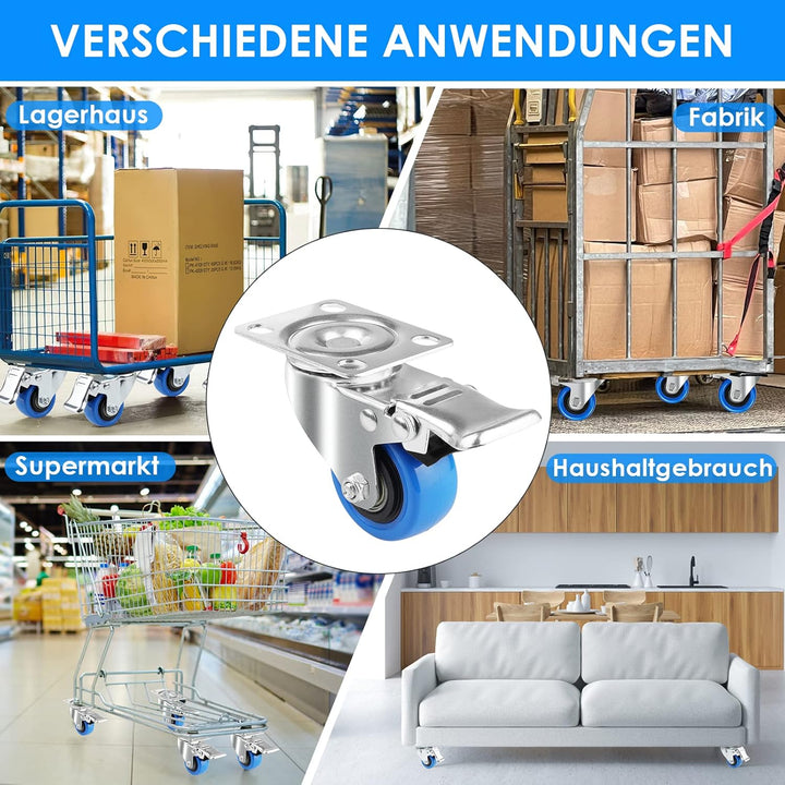 Asibaade 4PCS Lenkrollen 50mm Transportrollen Möbelrollen mit Bremsem 360° Drehung bis 200KG Tragbar