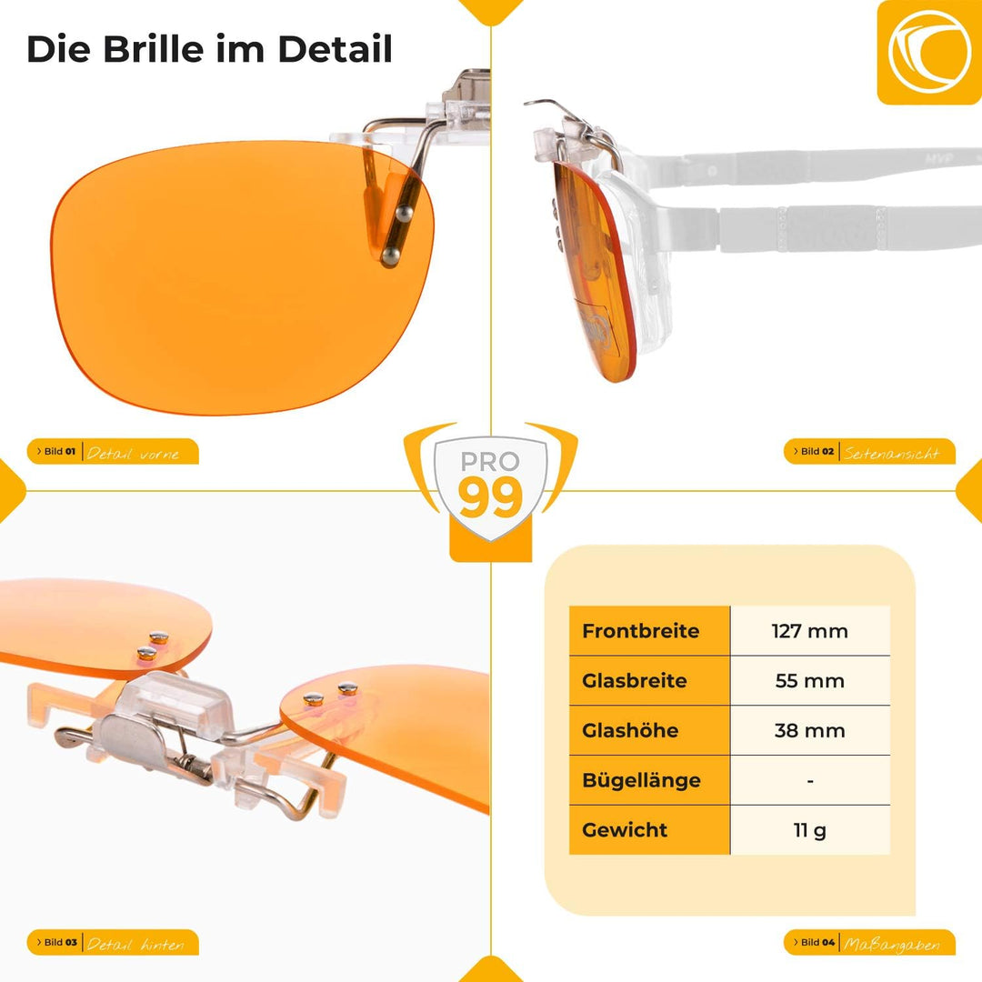 PRiSMA - 99% Blaulichtfilter Brillenaufstecker Clip-ON PRO99 - Damen und Herren - für Arbeit PC und