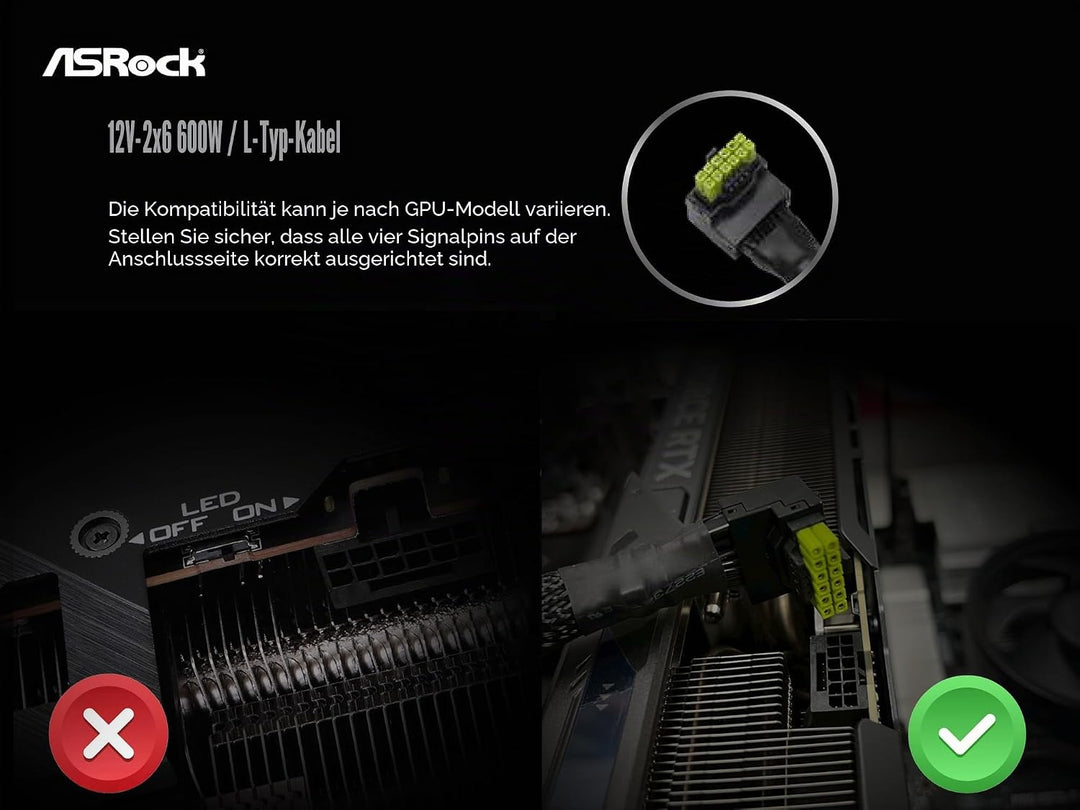 ASRock 12 V-2 x 6, 600 W Stromkabel, ATX 3.1 und PCIe 5.1, L-förmiger GPU-Stecker, 16 AWG HCS-Termin