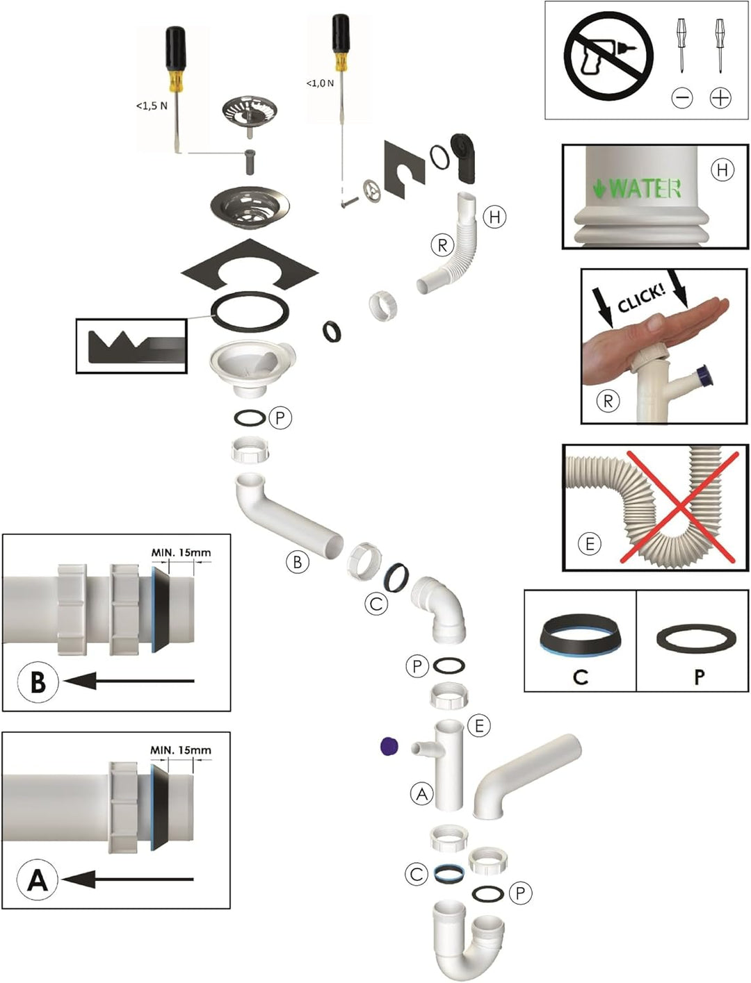 GRANMASTER Siphon Küchenspüle Manuelle 1-Kammer Raumsparsiphon - Syphon - Ablaufgarnitur für Spüle -