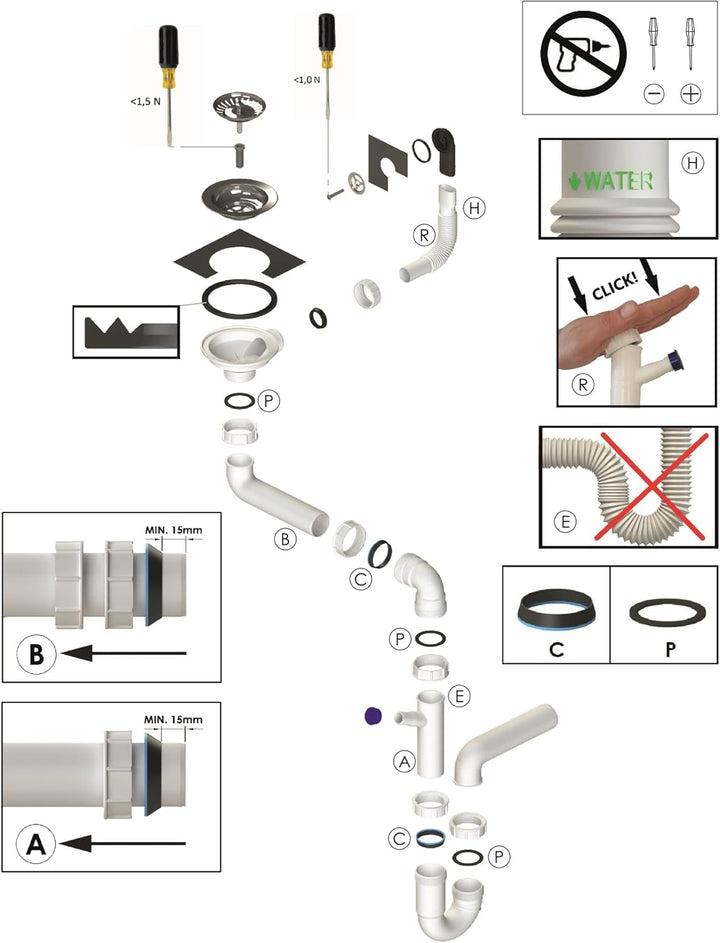 GRANMASTER Siphon Küchenspüle Manuelle 1-Kammer Raumsparsiphon - Syphon - Ablaufgarnitur für Spüle -