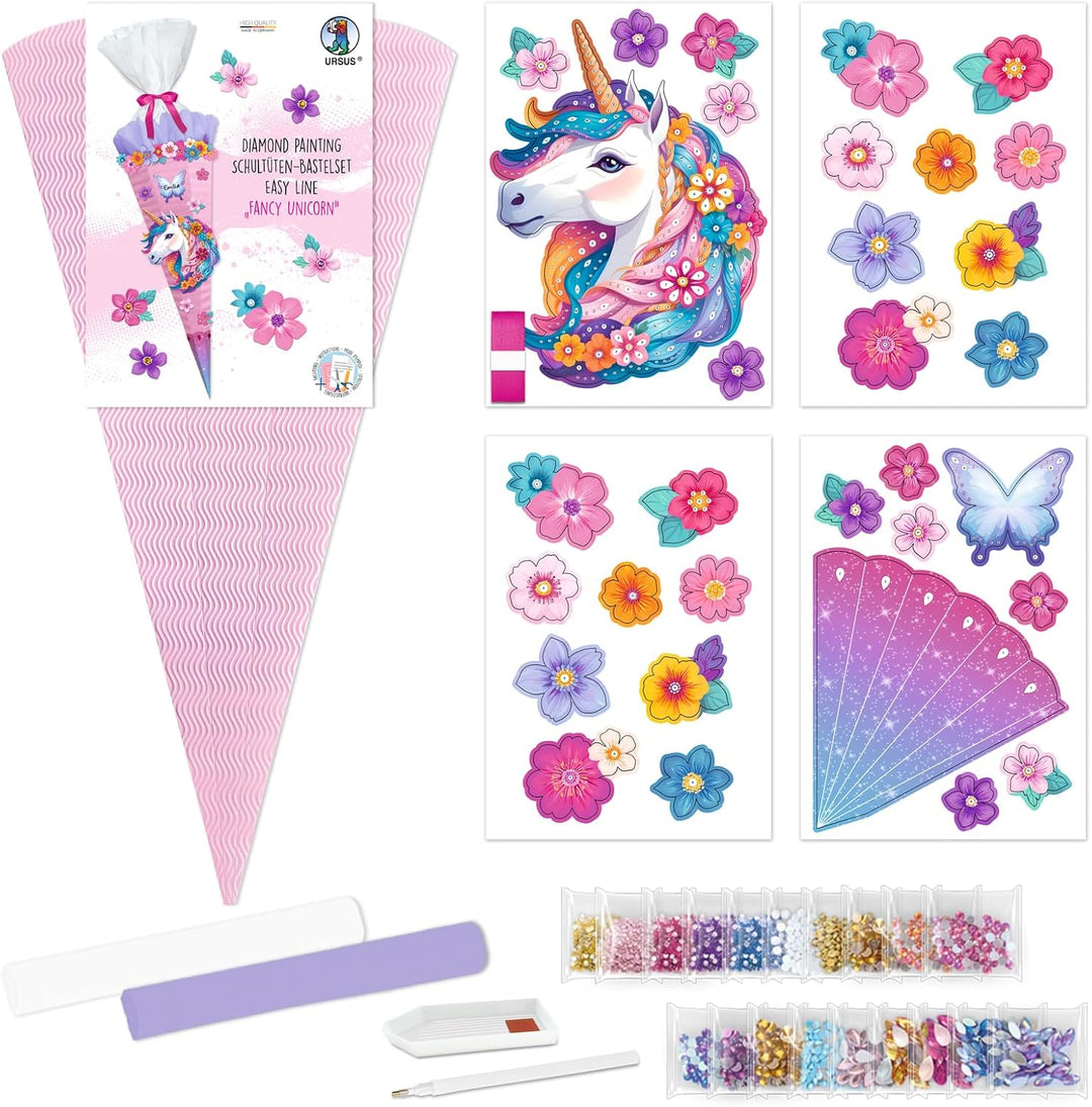 Ursus 10040001 - Diamond Painting Schultüten-Bastelset Easy Line "Fancy Unicorn", Rosa, 6-eckig, aus