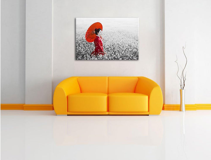 Pixxprint Geisha auf dem Feld / 100x70cm Leinwandbild bespannt auf Holzrahmen/Wandbild Kunstdruck De