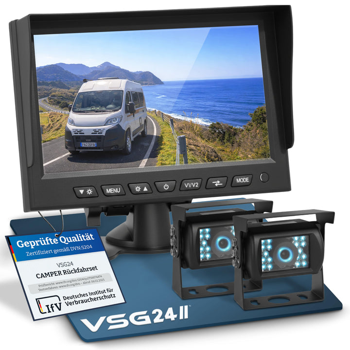 VSG24 Rückfahrkamera Set für Wohnmobile &amp; Camper mit 2 Kameras und 7 Zoll Monitor – kabelgebunden, w