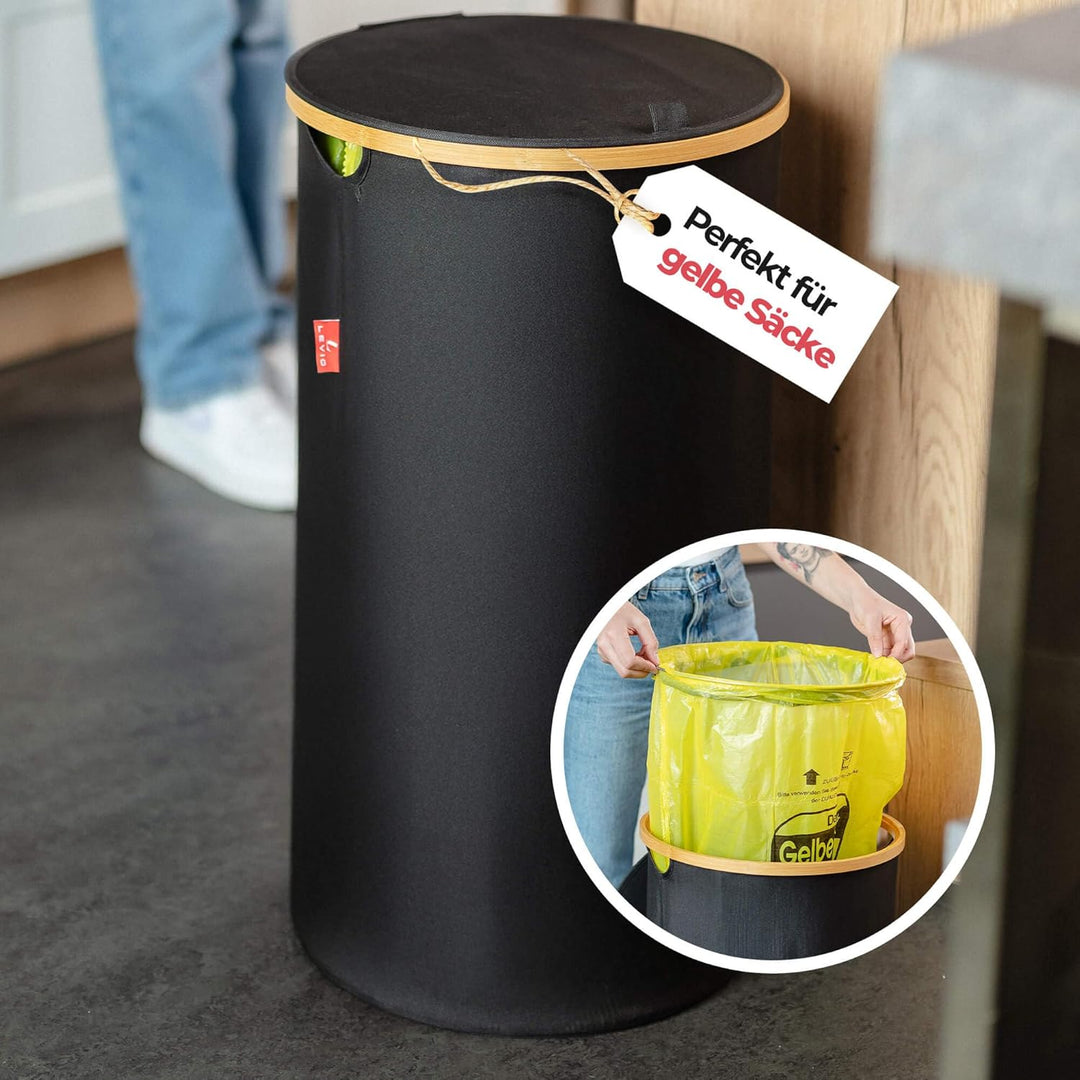 Levio® Gelber Sack Ständer mit Deckel – Müllsackhalter & Müllsackständer [80L mit Geruchsfilter] – M