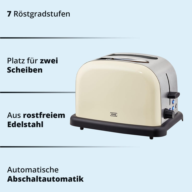 KHG Edelstahl Toaster mit Brötchenaufsatz, 2 Scheiben | 6 Bräunungsstufen mit Bräunungskontrolle, Kr