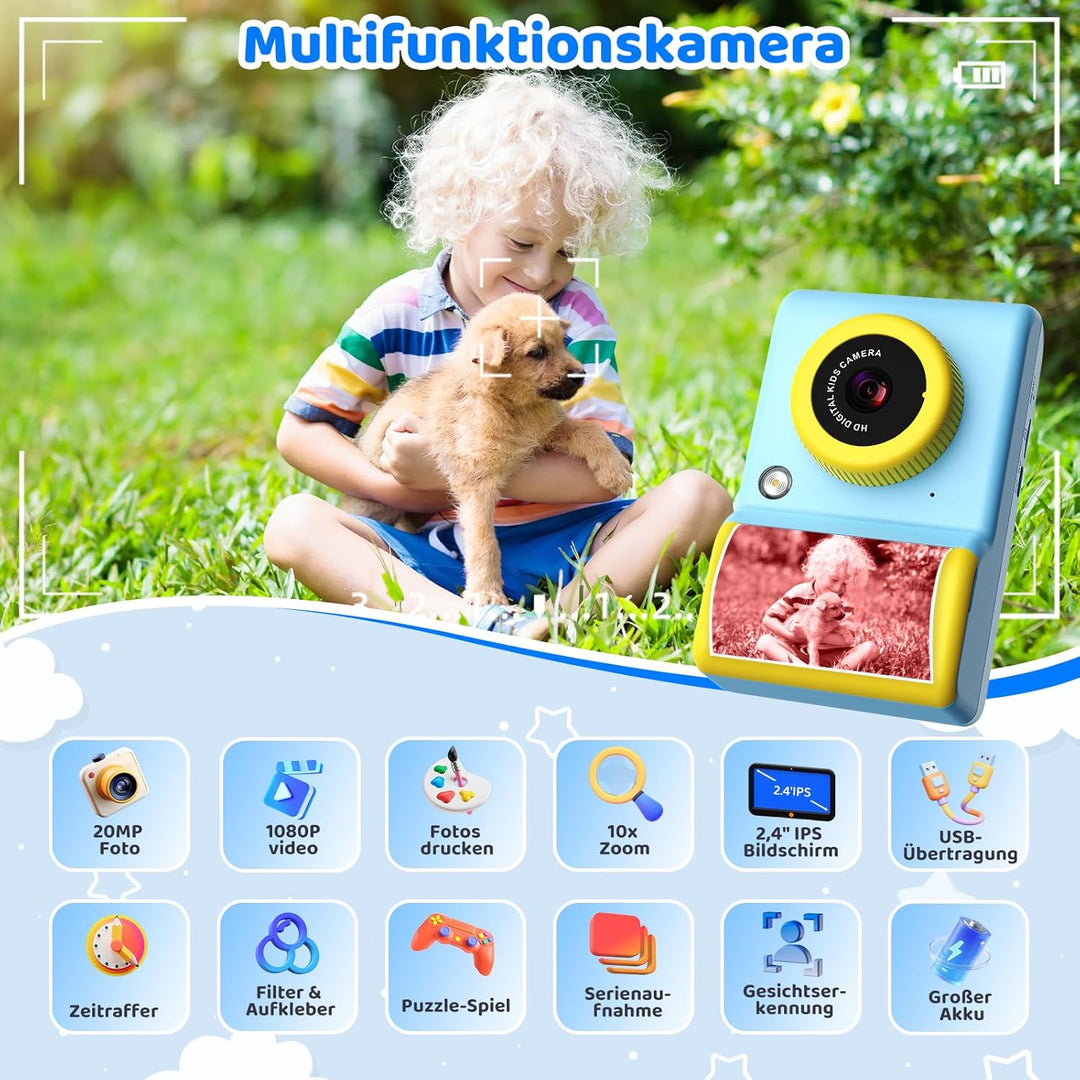 Kinderkamera Sofortbildkamera, 20MP 1080P Digitalkamera mit 2,4-Zoll-Display, 3 Rollen Farbfotopapie