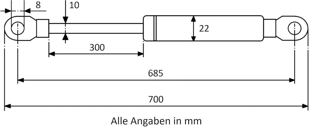 Secuplan Gasdruckfeder 685 mm, 300 mm Hub, 700 N, Ø 8/6 mm, abnehmb. Augen Gasdruckdämpfer, Gasfeder
